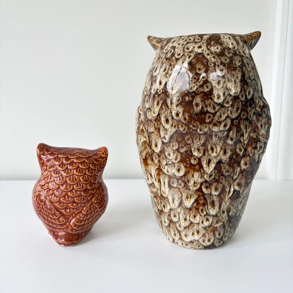 Ceramic Owl Vase and Greenbrier Owl Figurine Set